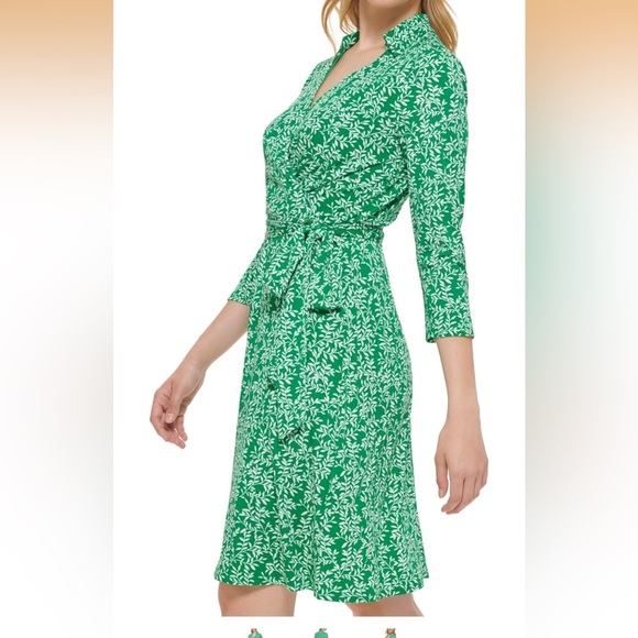 Jessica Howard Green Patterned 3/4 Sleeve collared V neck A line mini dress - Picture 9 of 15